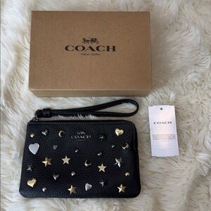 Coach Corner Zip Wristlet Black Leather Gunmetal Hardware Multicolor Rivets